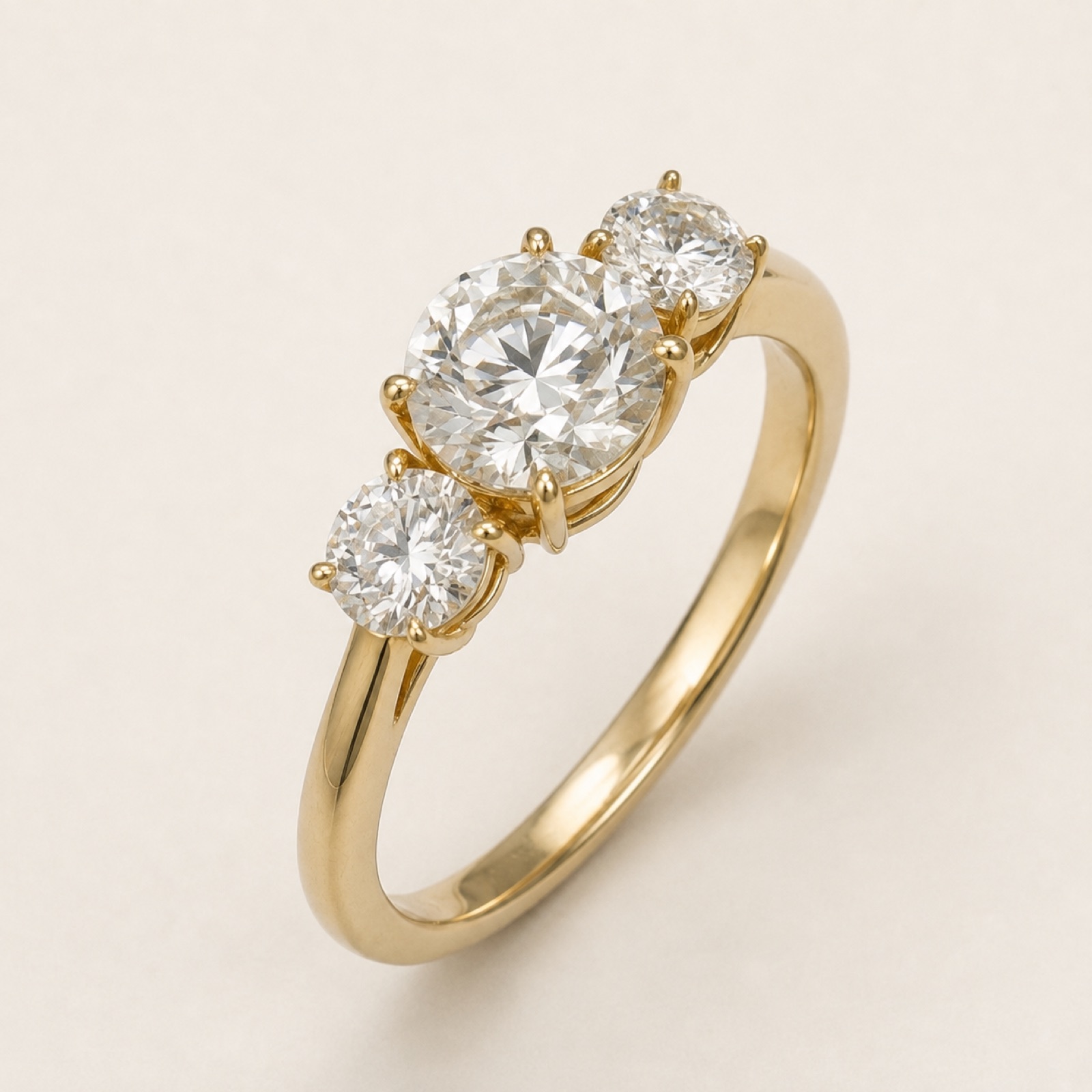 Three-stone round brilliant diamond ring in yellow gold