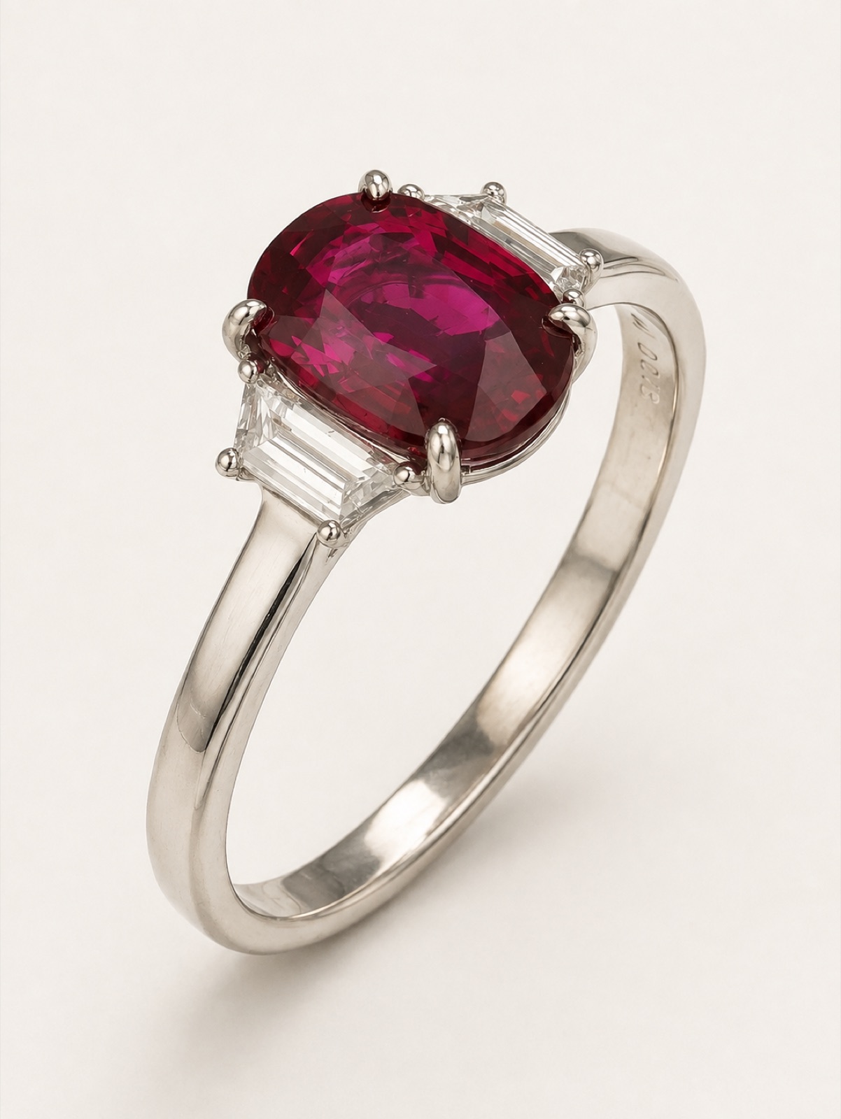 Oval ruby ring with tapered baguette diamond accents in platinum