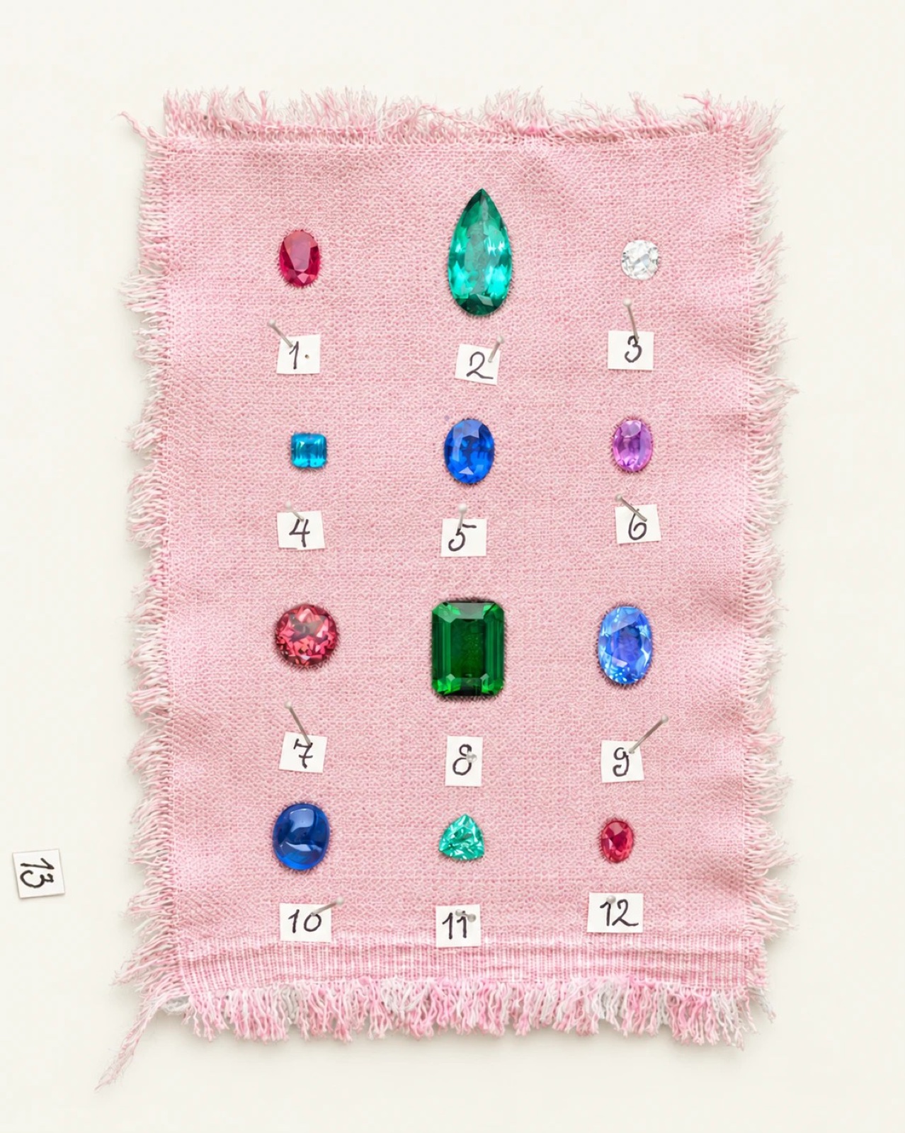 Loose coloured gemstones pinned to pink fabric, numbered during sourcing