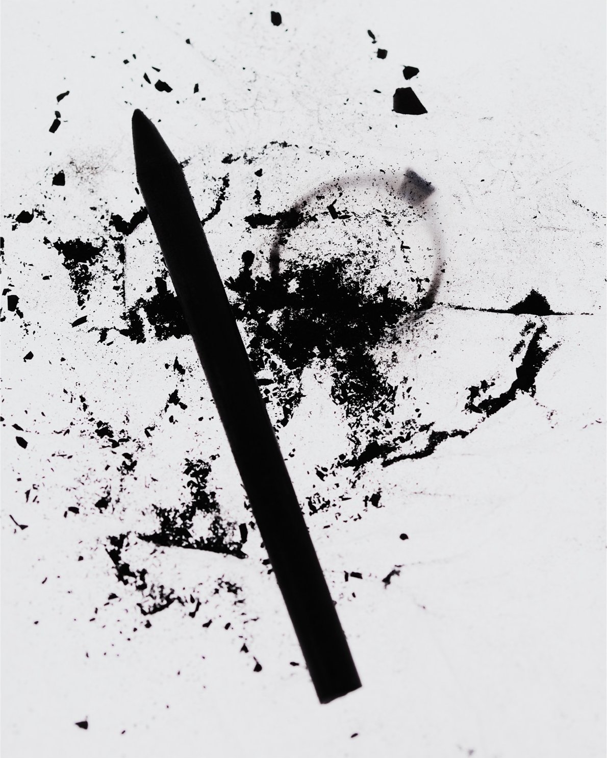 A charcoal pencil resting amid its own scattered dust and shavings, a design sketch taking shape
